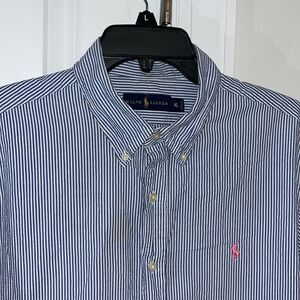 Blue White Cotton seersucker Polo by Ralph Lauren pink pony shirt Short Sleeve